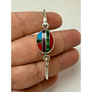 Vintage Sterling Silver 925 Mexican Taxco Gemstone Inlay Bangle Bracelet 13.65gr